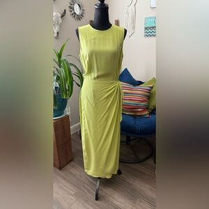 Maggy London SZ 10 Lime Green 💯 Silk Half Wrap Sleeveless Dress Back Zipper